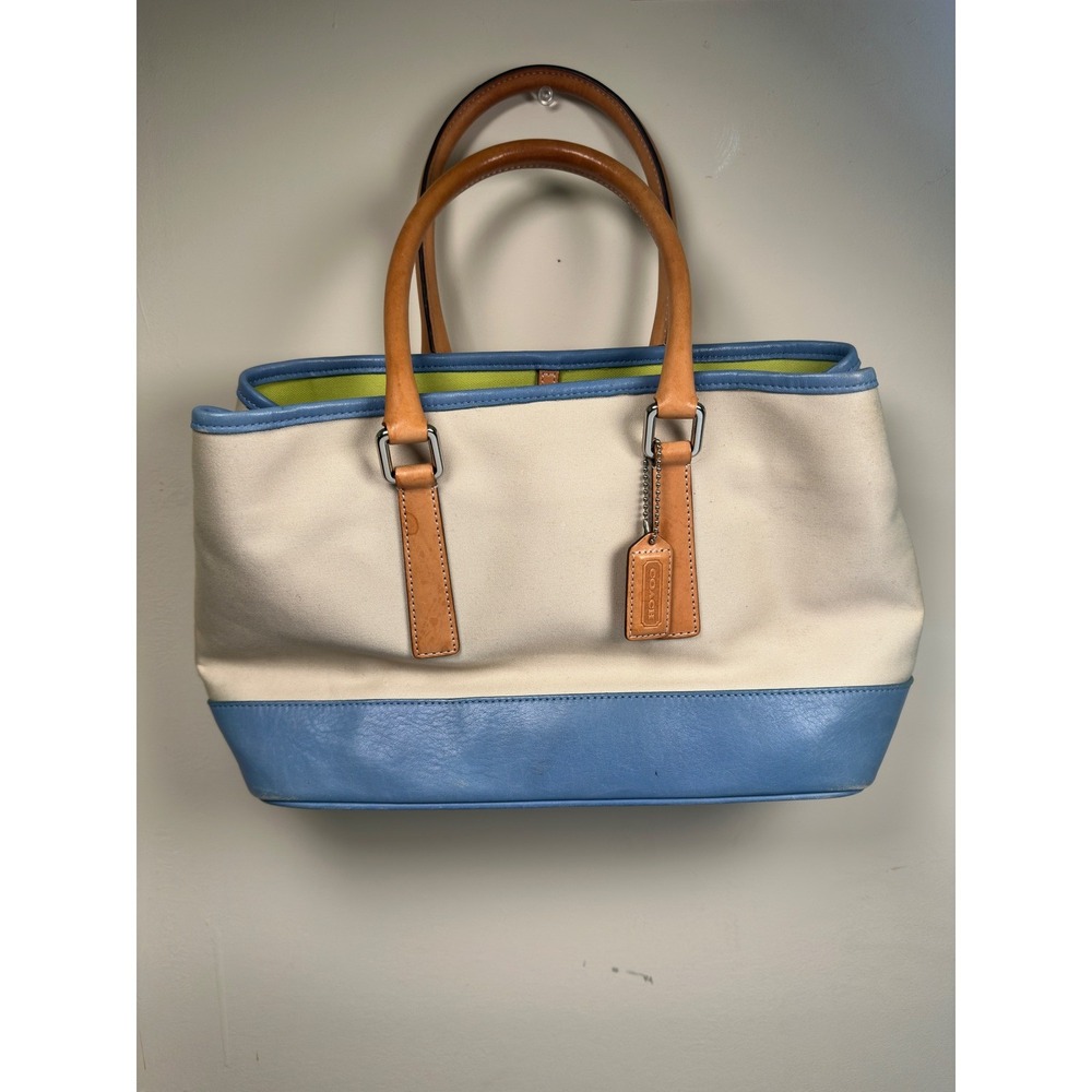 Coach Hamptons Weekend Tote 2001 Cream Canvas Blue‎ Leather Tan Trim A1J-7771